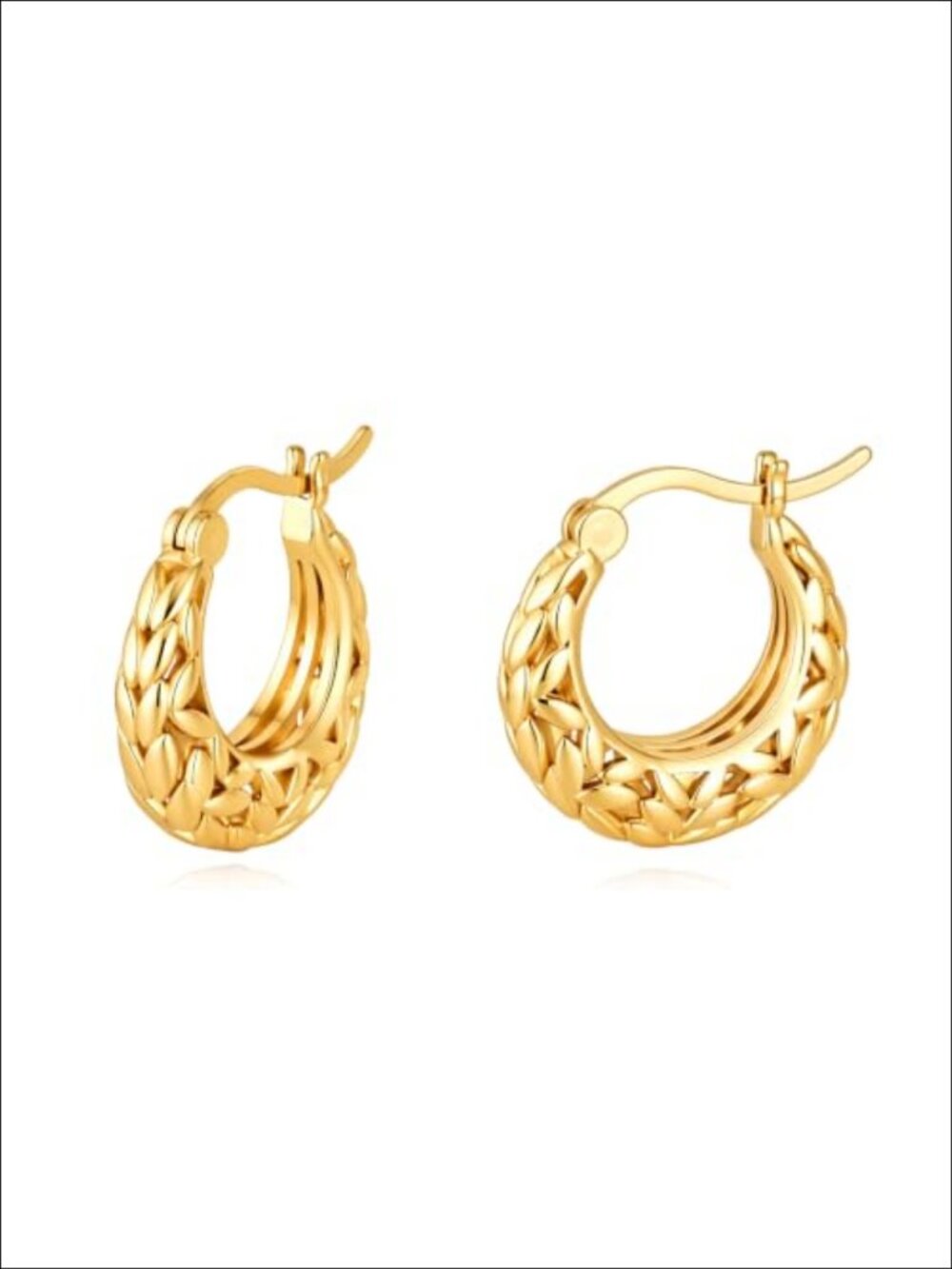14K Gold Plated Hoop Earrings Wheat Leaf Texture Women